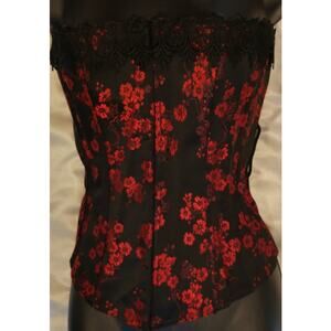 Sexy Red Floral Black Satin & Lace Tie Back Boning Corset Bustier Shirt Sz. 38